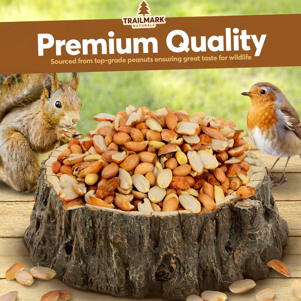 Birdseed mix on a wooden platform with a squirrel and bird, branded as Trailmark Naturals.