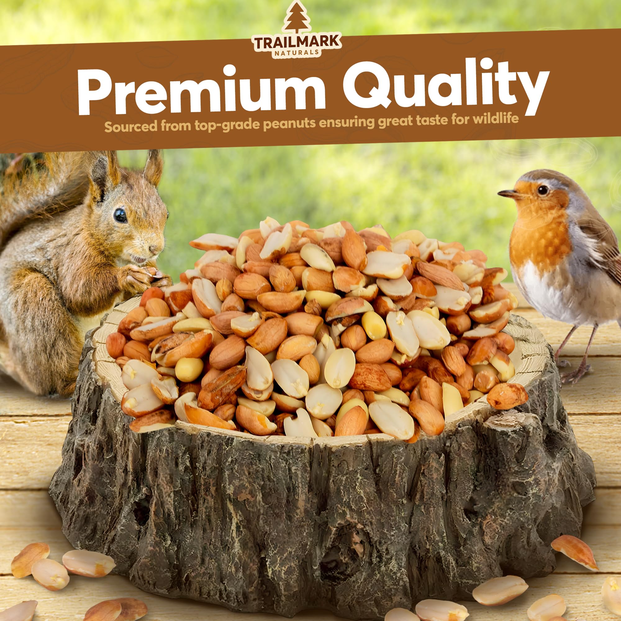 Birdseed mix on a wooden platform with a squirrel and bird, branded as Trailmark Naturals.