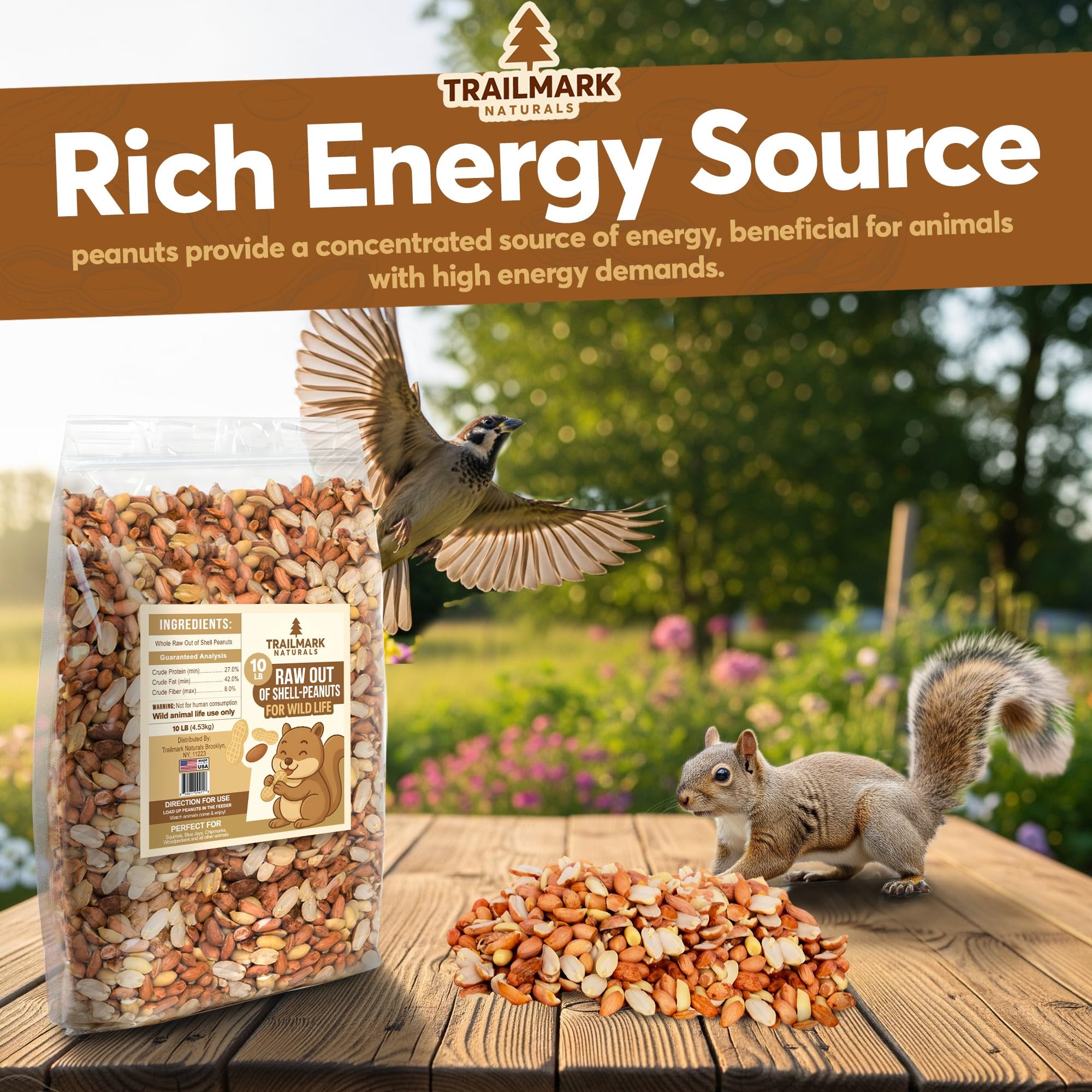 Trailmark Naturals bird and squirrel food package with a bird and squirrel on a wooden surface, set against a garden background.