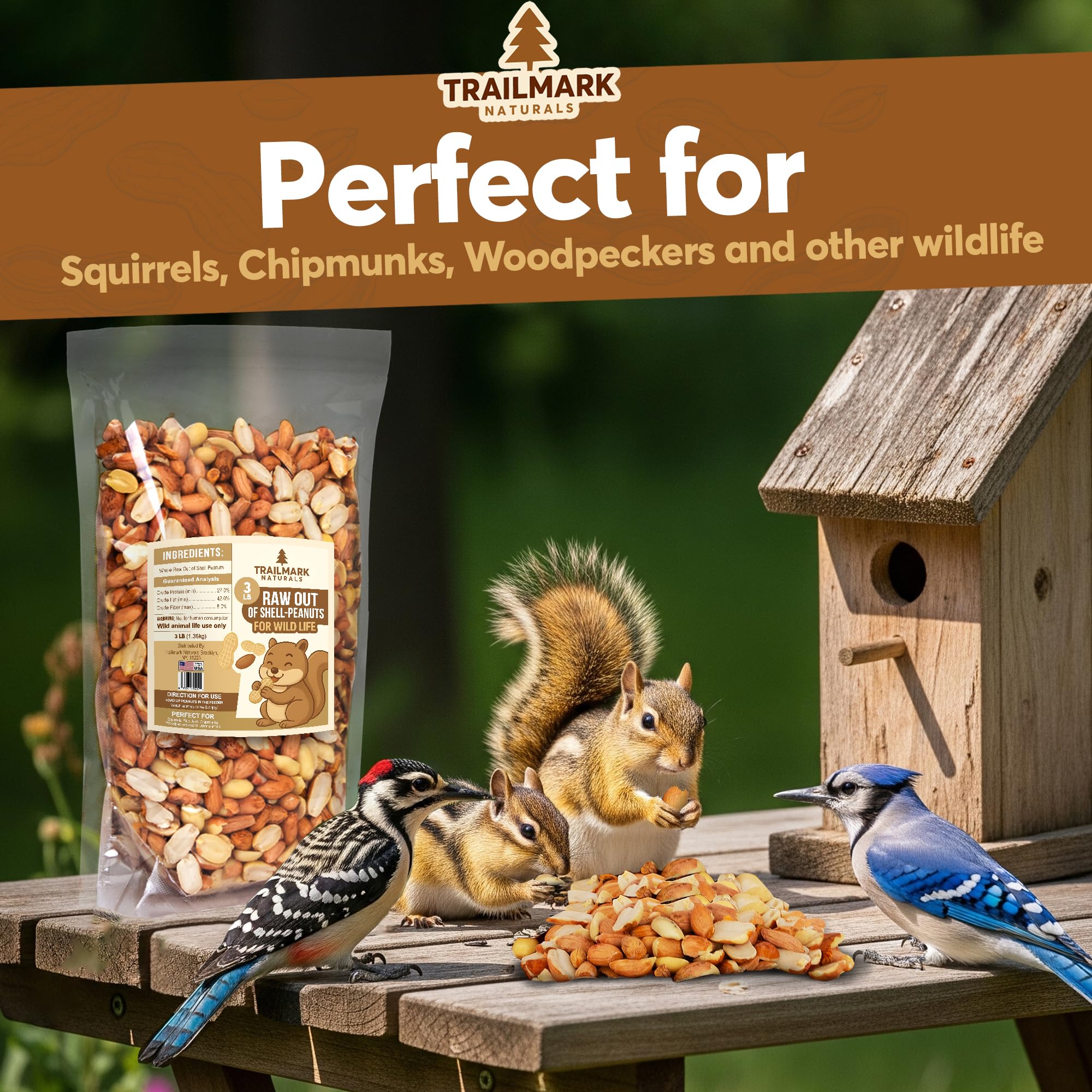 Trailmark Naturals birdseed package with wildlife on a wooden platform