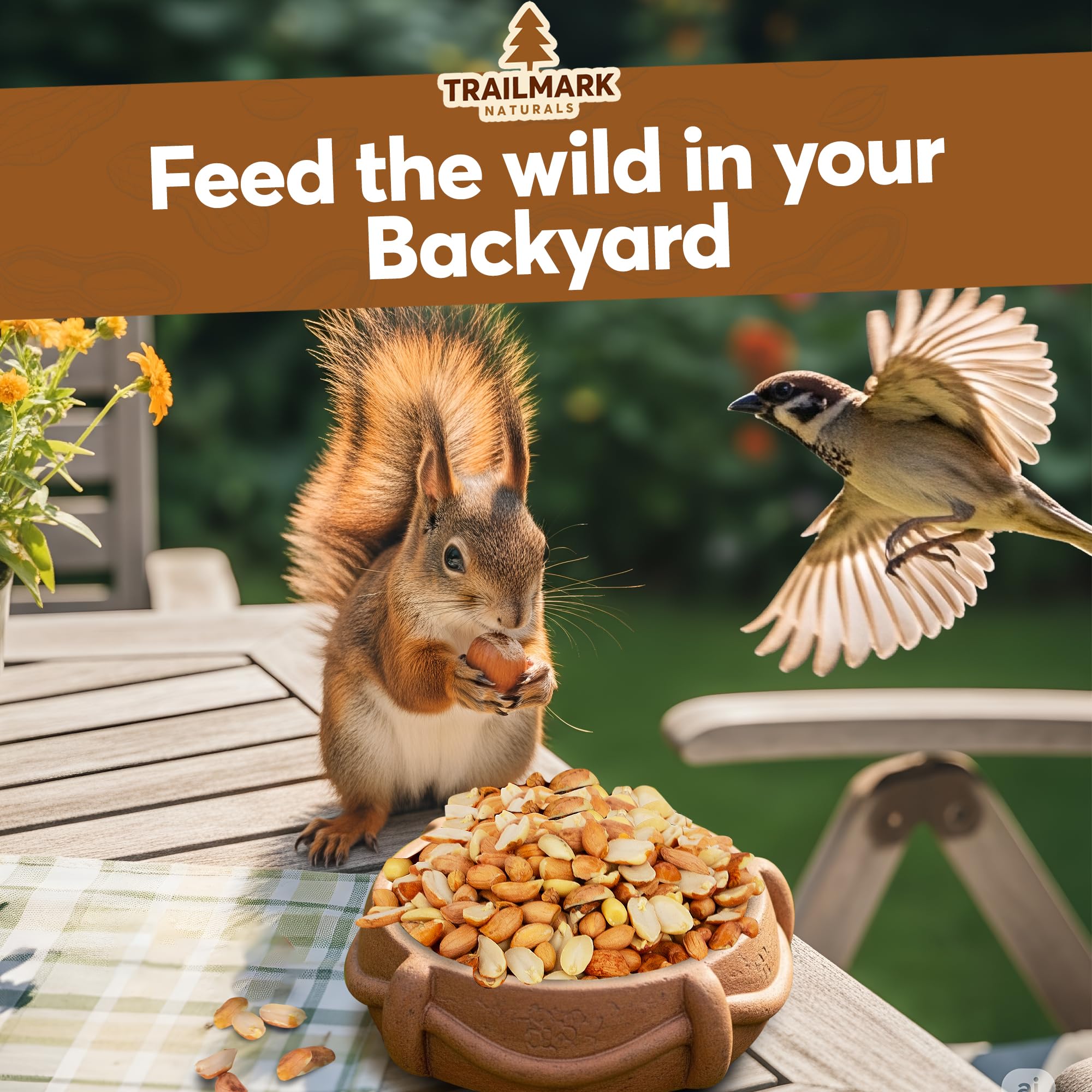 Squirrel and bird interacting with a bowl of seeds on a wooden deck, with 'Trailmark Naturals' branding.