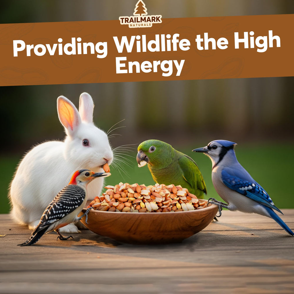 Animals around a bowl of food with 'Trailmark Naturals' branding and text.
