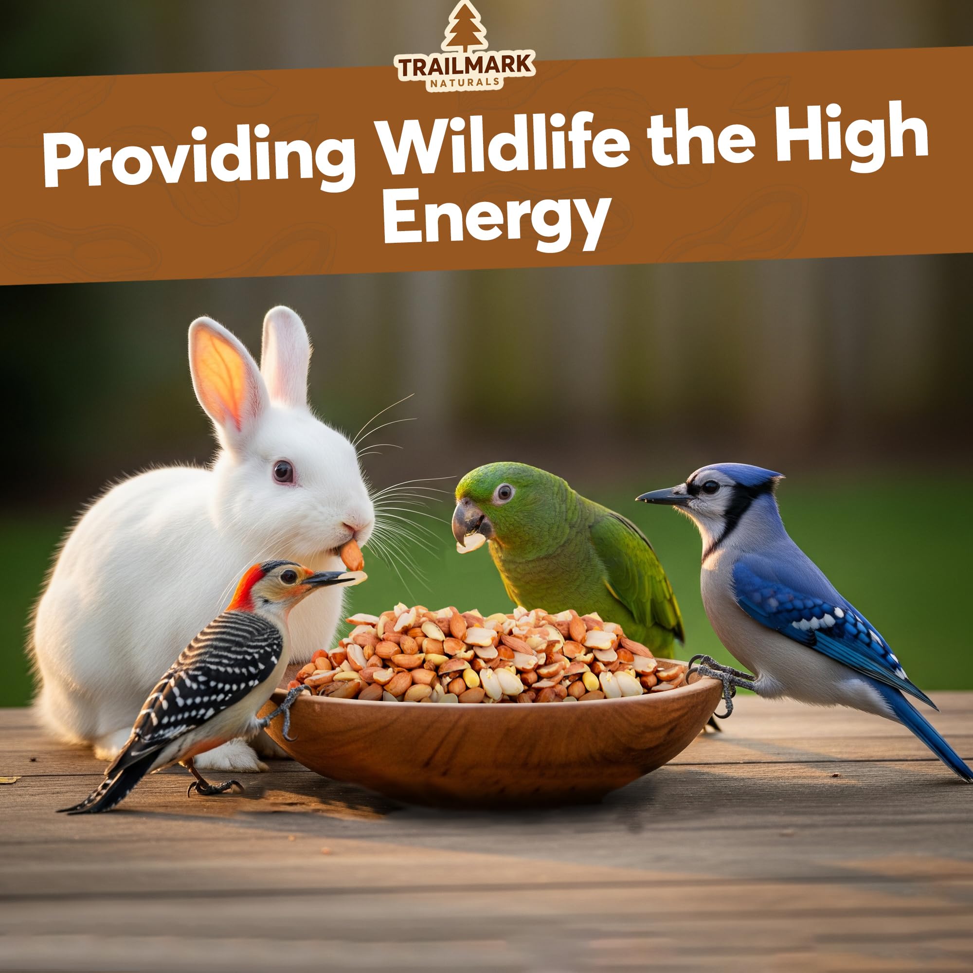 Animals around a bowl of food with 'Trailmark Naturals' branding and text.