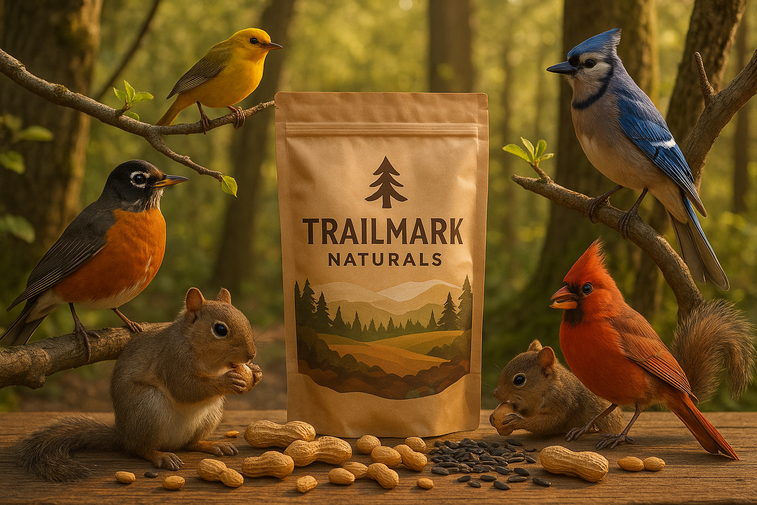 make a hero photo for trailmark naturals, include birds squirells peanuts and sunflower seeds and a bag